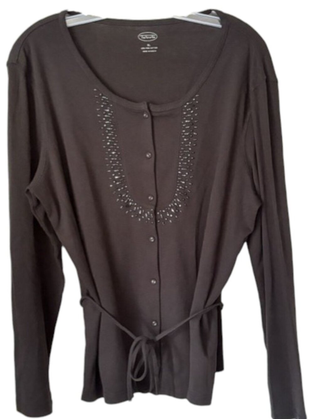 Talbots 100% Pima Cotton Beaded Belted Cardigan - Black - XL